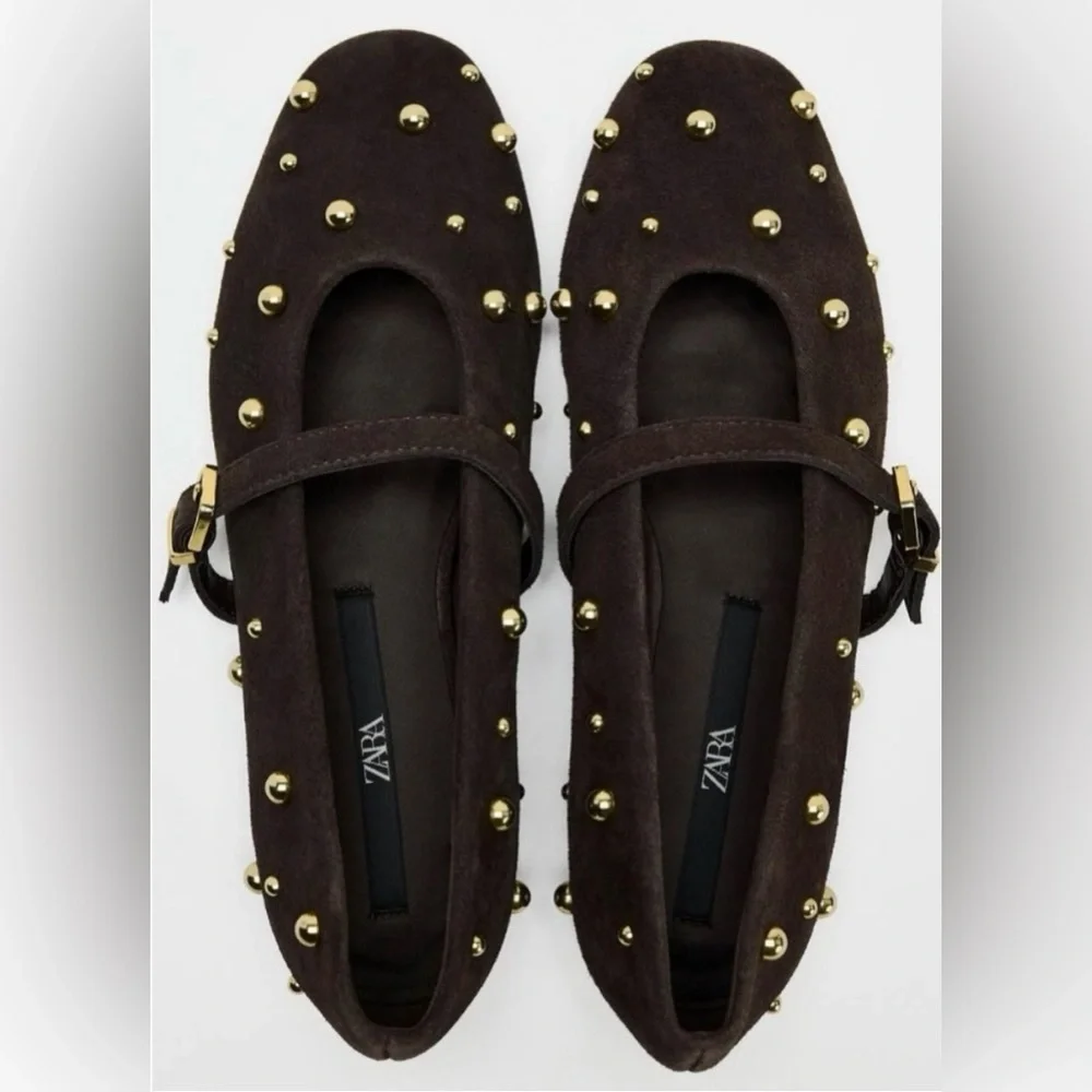 Zara Brown suede gold stud studded Mary Jane flats. Excellent condition! - Picture 7 of 8